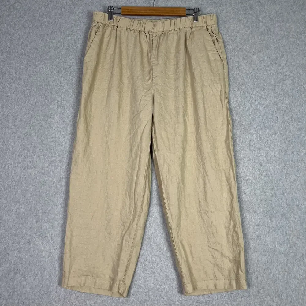 Quince Beige 100% European Linen Cropped High Waisted Pull On Pants Size XL